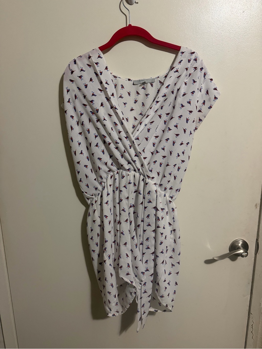 Sweet Rain White Mini Dress with Navy and Red Bird Print